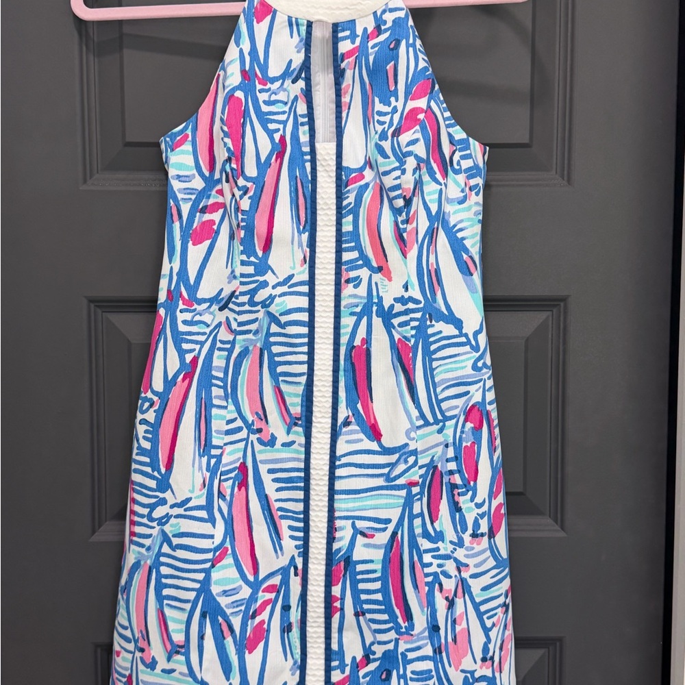 Lilly Pulitzer Pearl Resort White Red Right Return Sailboat Shift Dress EUC